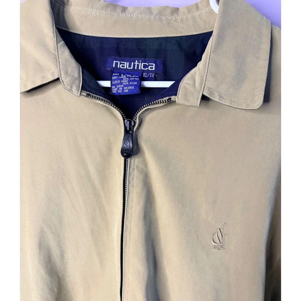 Vtg Nautica Mens XL Khaki Tan Full Zip Windbreaker Jacket Harrington Plaid Lined